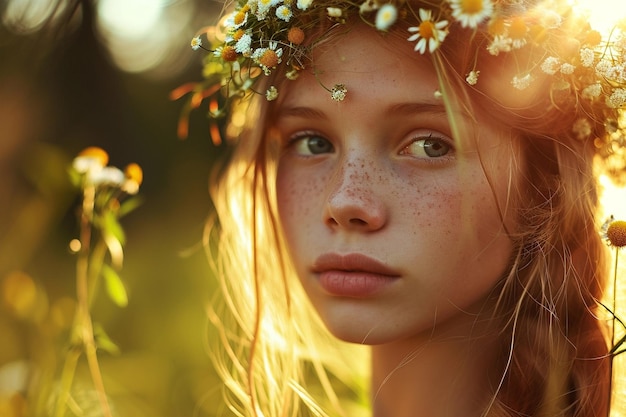 Closeup di una ragazza dai capelli rossi con una corona di fiori nel prato estivo