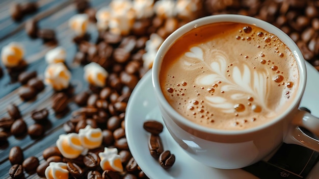 Closeup di una tazza di caffè con un bellissimo disegno artistico latte sulla schiuma La tazza è seduta su un piatto circondato da chicchi di caffè