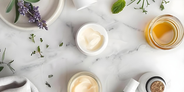 Closeup di vari prodotti per la cura della pelle, comprese creme, lozioni e sieri, con particolare attenzione agli ingredienti naturali come l'olio di salvia.