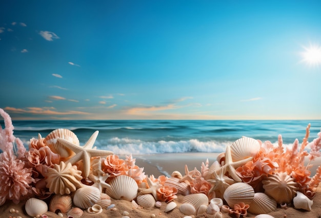 Closeup fiore e stelle marine da spiaggia per il viaggio e lo spazio in vacanza tropicale e paradiso su