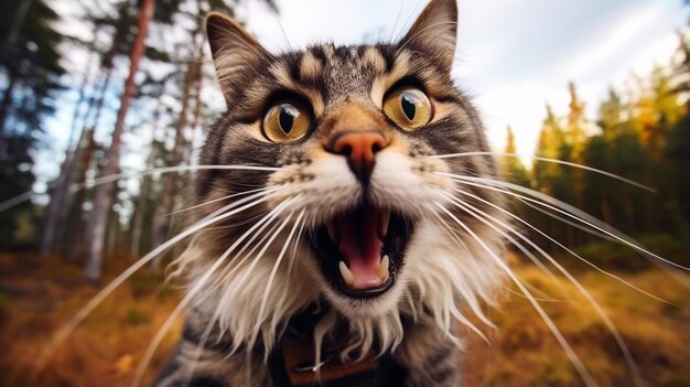 Closeup Foto di un divertente gatto della foresta norvegese scioccato che tira fuori la lingua