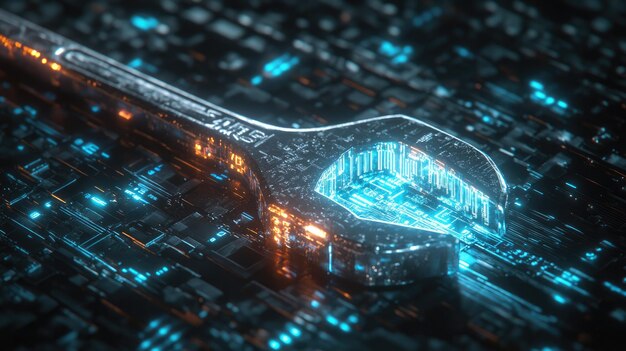 Closeup of a wrench composed of binary code resting on a circuit board