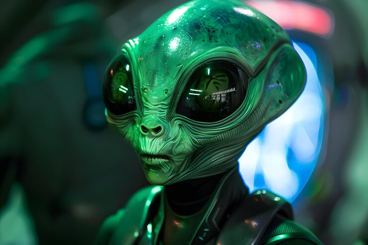 Photo closeup of green alien with large eyes realistic image