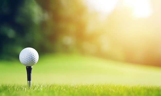 Closeup pallina da golf sul tee con fairway campo da golf sfondo copia spazio golf club sul campo in erba