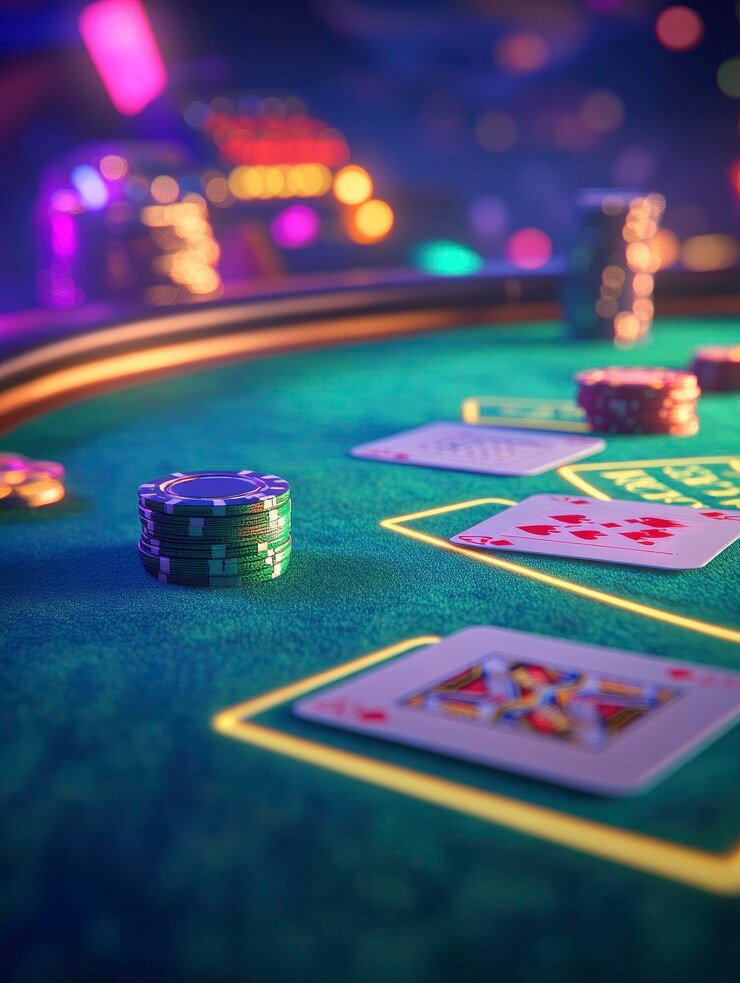 Closeup professional casino photo of a blackjack table with cards and chips