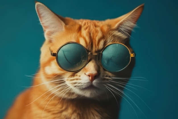 Closeup ritratto di divertente gatto zenzero indossando occhiali da sole isolati su copyspace ciano chiaro