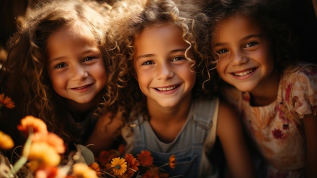 Closeup ritratto di un gruppo di tre bambine sorridenti che guardano la fotocamera IA generativa