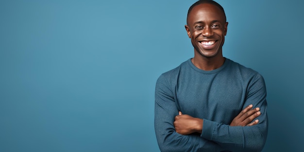 Closeup ritratto di un uomo africano su sfondo blu Foto per pubblicità Generative AI