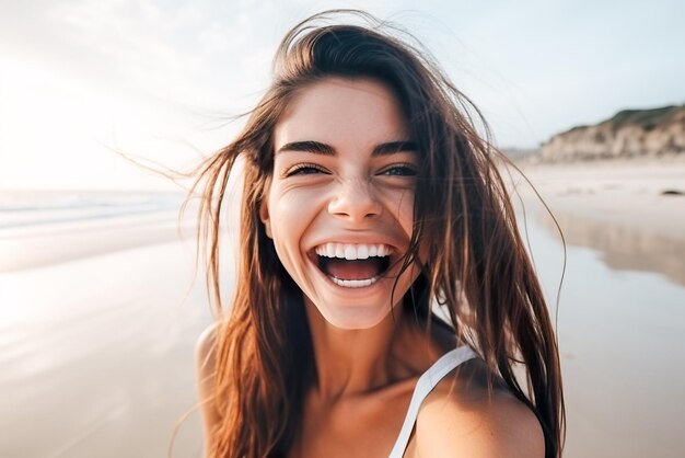 Closeup ritratto di una bella giovane donna che ride sulla spiaggia IA generativa