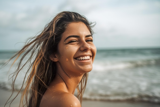 Closeup ritratto di una bella giovane donna che ride sulla spiaggia IA generativa