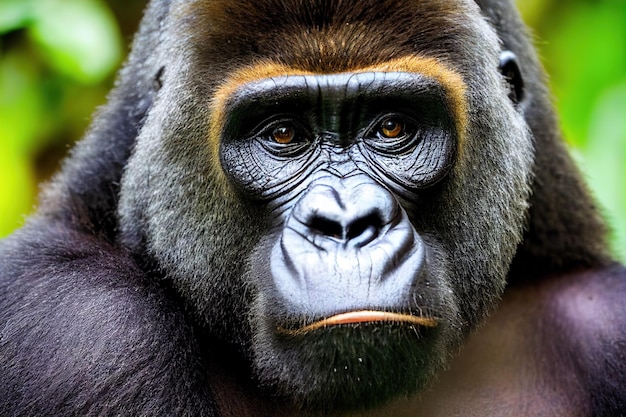 Closeup ritratto di una testa di gorilla con pelliccia scura e begli occhi illustrazione 3D