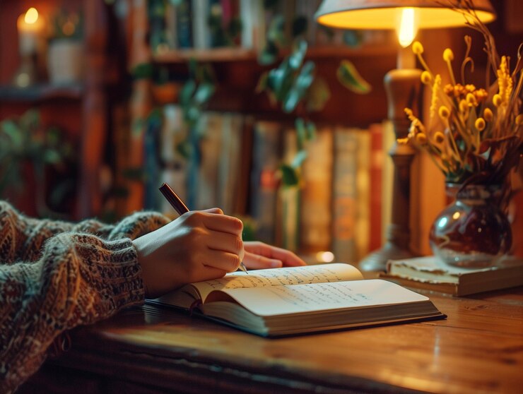 Closeup scene of hand writing on notebook By generative Ai