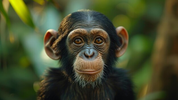 closeup scimmia mista scimpanzé bonobo mix espressione accattivante dettaglio profondo foresta lussureggiante serena luce dolce AI generativo