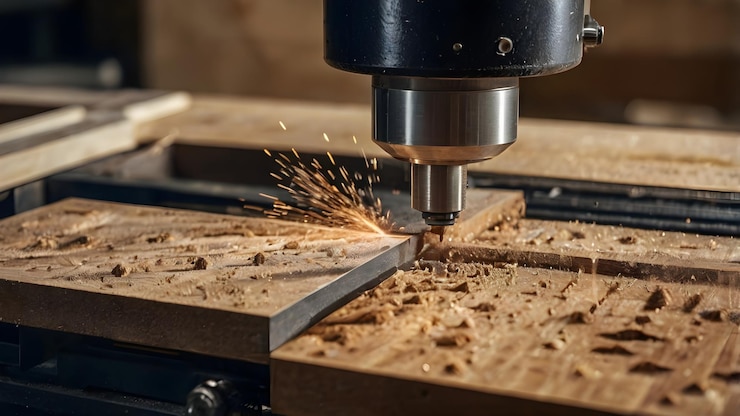 Photo closeup shot of machine with numerical control cuts wood cnc tool
