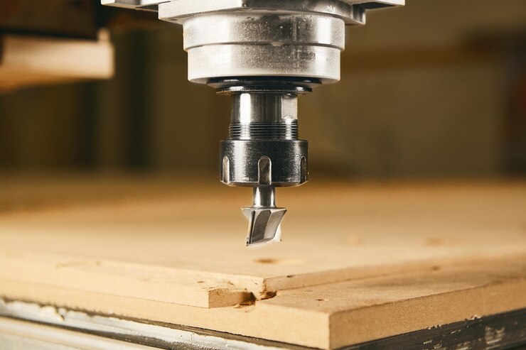 Photo closeup shot of machine with numerical control cuts wood cnc tool