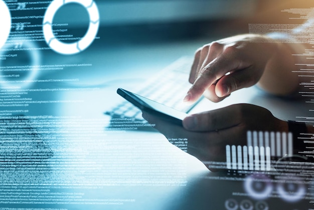 Closeup software developer hands working on phone typing program code Digital future SSL language with genius information technology support freelancer writing javascript or UX or UI security data