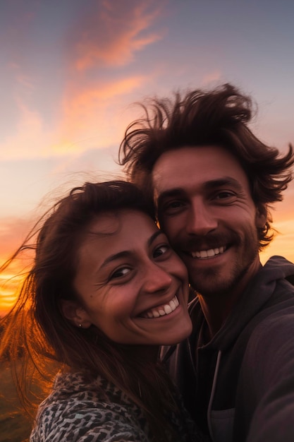 Closeup sorridente giovane coppia felice due uomo di famiglia donna in abiti casual che si abbracciano facendo selfie scattato pov sul cellulare al tramonto in un giorno di primavera al tramonto