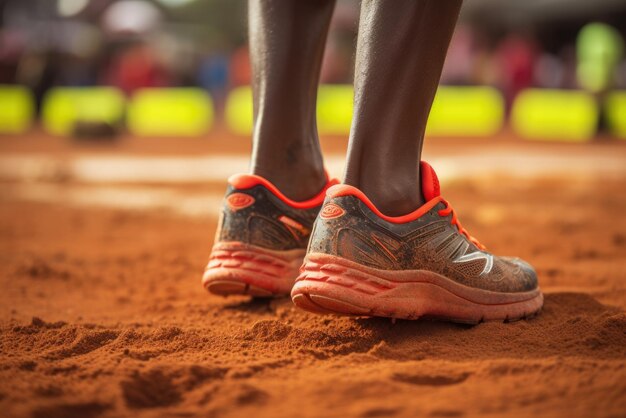 Closeup sulle scarpe da corsa dell'uomo africano sulla pista di corsa nello stadio