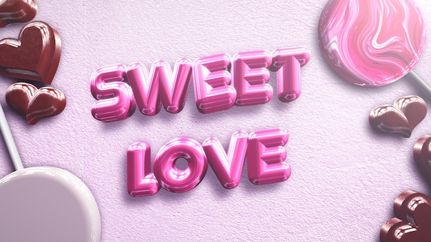 Closeup Sweet Love text and romantic heart on Valentines day shiny background. Luxury and elegant style 3D illustration for holiday