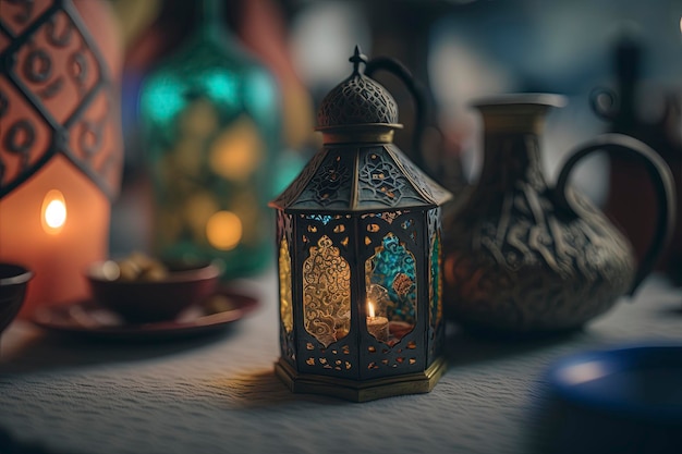 Closup di una lanterna con una candela incandescente all'interno, sfumature islamiche di Ramadan Kareem