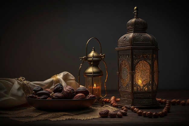 Closup di una lanterna con una candela incandescente all'interno, sfumature islamiche di Ramadan Kareem