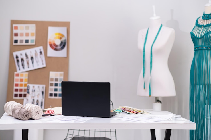 Clothes designer workplace with laptop and supplies in dressmaking macrame dress on mannequin