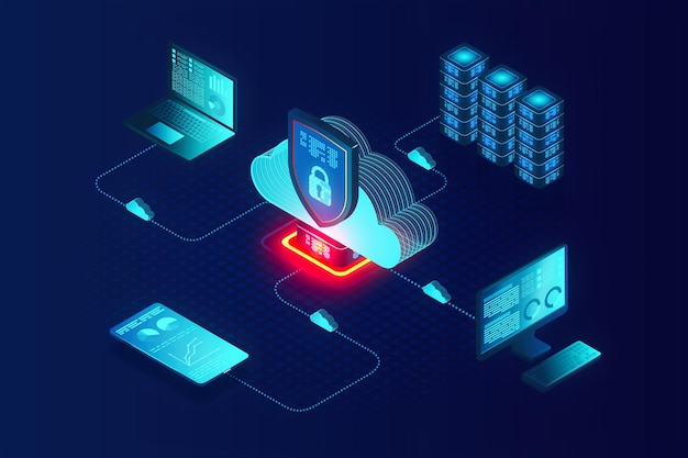 Cloud-based Cybersecurity Solutions Concept Endpoint Protection Illustrazione 3D