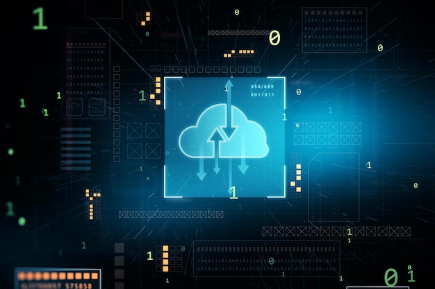 Cloud computing technology and data exchange concept with digital blue cloud symbol with arrows in square on dark background with abstract icons 3D rendering