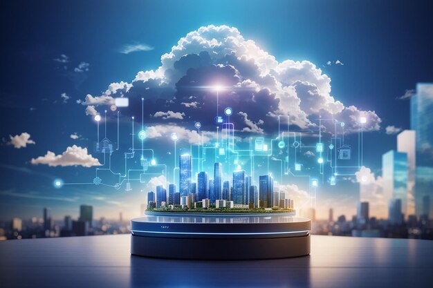 Cloud digitale su Smart City virtuale sul podio Tecnologia IOT