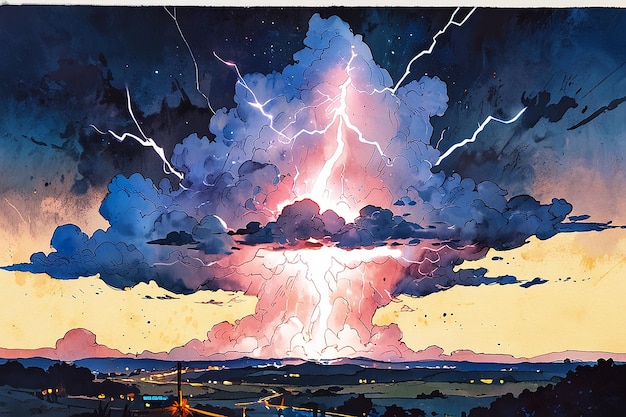 Cloud Thunder Lightning Acquerello a inchiostro disegnato a mano