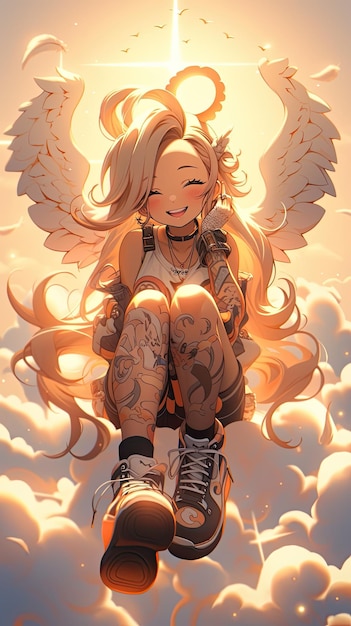 Cloudscape Chic Tattooed Angelic Girl Gracing Cloud con occhiali da sole Halo e Wings