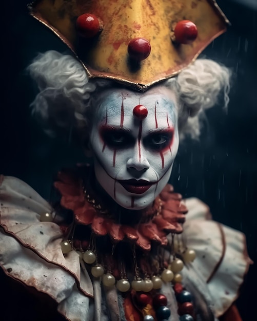Clown classico dell'orrore con una faccia sorridente inquietante e costumi classici con il trucco completo del viso