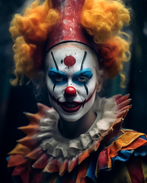 Clown classico dell'orrore con una faccia sorridente inquietante e costumi classici con il trucco completo del viso