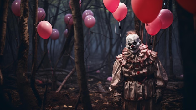 Clown con i palloncini nella foresta la notte di Halloween