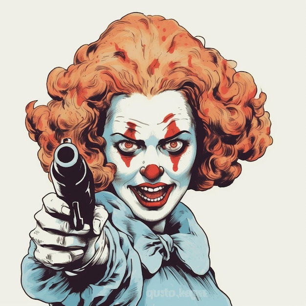 clown con la pistola puntata verso lo spettatore con i capelli rossi e gli occhi rossi ai generativa