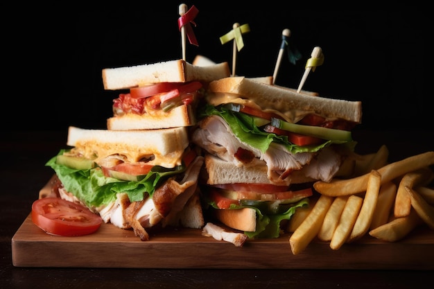 Club sandwich deliziosamente impilati su un tagliere di legno con contorno di patatine croccanti