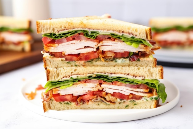 Club sandwich di pollo a metà con strati visibili