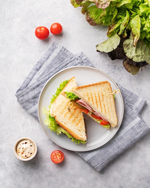 Club sandwich su un piatto blu di prosciutto formaggio cetriolo pomodoro e foglie di lattuga primo piano su sfondo blu con maionese Vista dall'alto