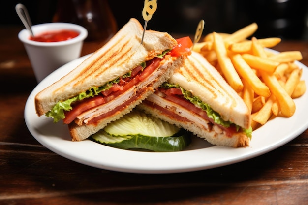 Clubhouse sandwich con patatine fritte e ketchup, un tipico pasto