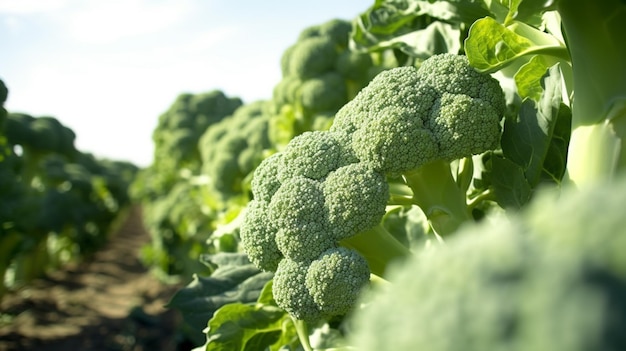 Cluster di broccoli organici in primo piano che crescono in campo AI generativa