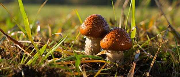 Cluster di funghi boletus grezzi in un campo verde