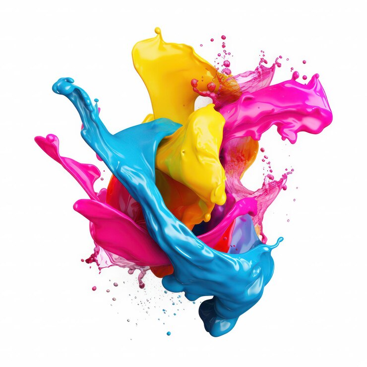 Foto cmyk splash 3d rendering dell'esplosione di colore in ciano magenta giallo e nero su bianco