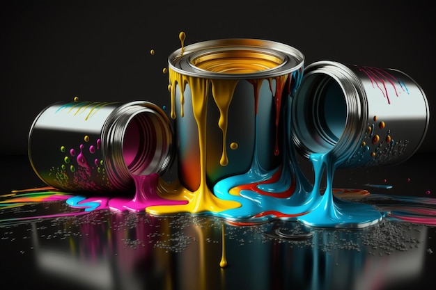 Cmyk vernice colorata che versa da barattoli di latta metallici orizzontali