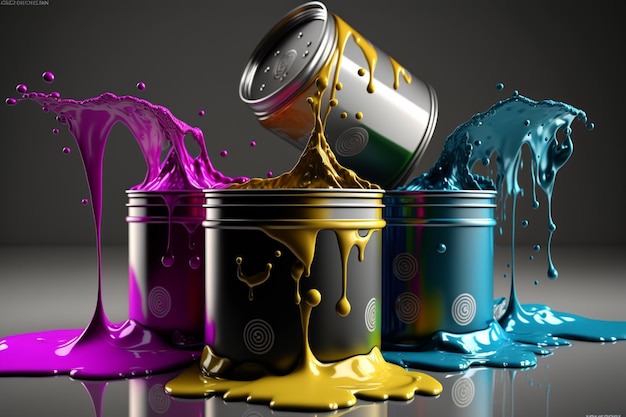 Cmyk vernice colorata che versa da barattoli di latta metallici orizzontali