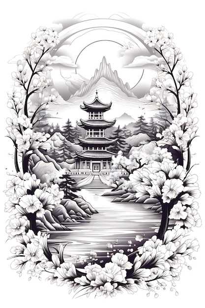 Cnc Laser Cut Oriental Landscape Frame raffigurante le montagne serene Pagode tatuaggio contorno piatto