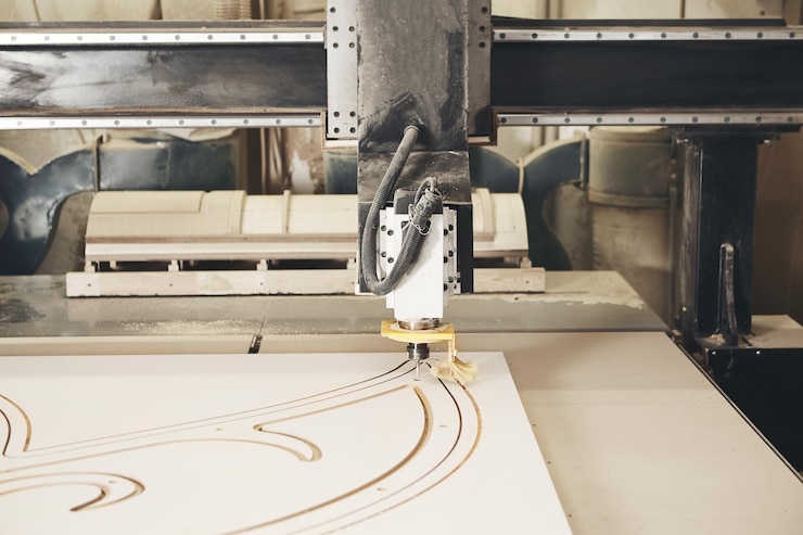 Photo cnc milling machine machine tool in wood factory with drilling machines