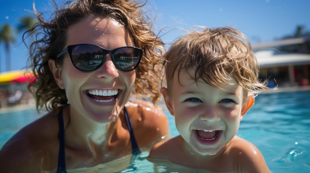 Coach felice donna e bambino in piscina che imparano a nuotare per i bambini
