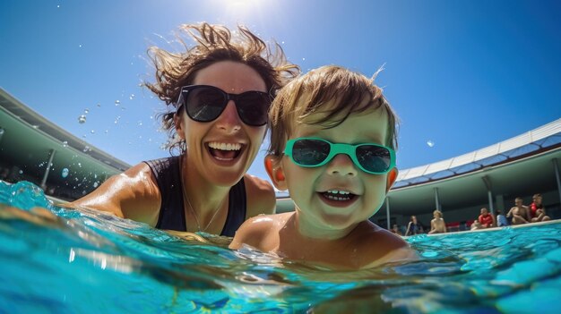 Coach felice donna e bambino in piscina che imparano a nuotare per i bambini