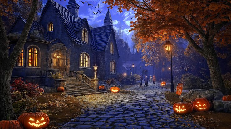 Cobblestone path leads to spooky house with glowing jacko39lanterns halloween