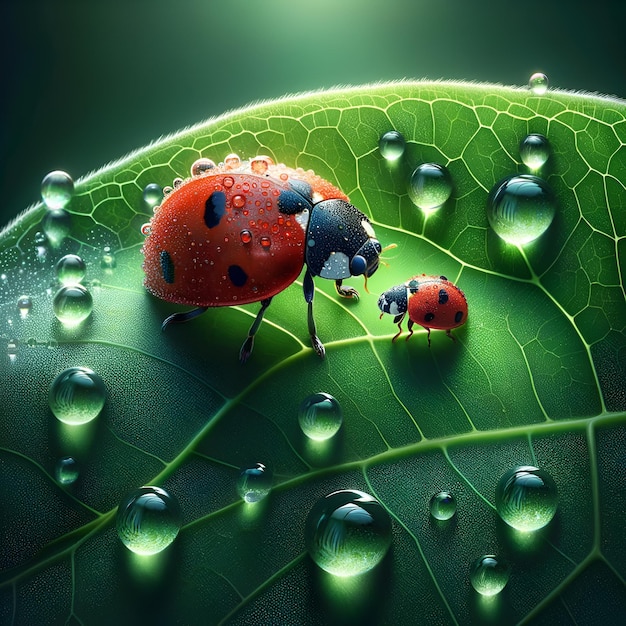 Coccinella e il suo bambino su una foglia verde